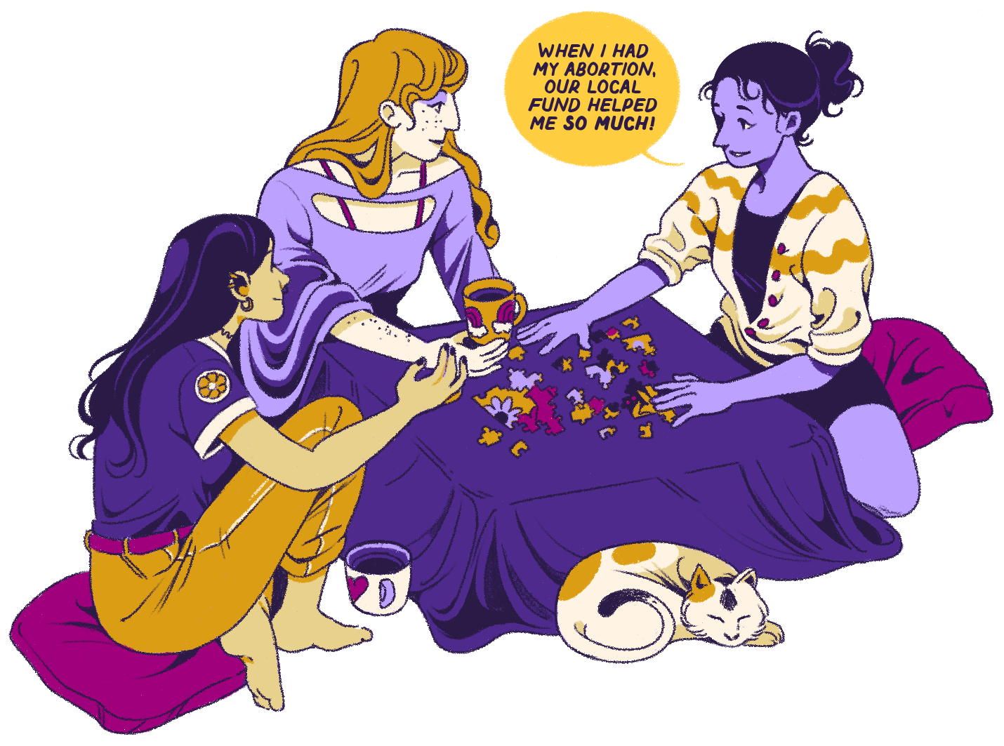 Illustration of people working on a puzzle. One has a voice bubble: When I had my abortion, our local fund helped me so much!